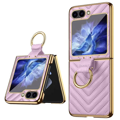 For Samsung Galaxy Z Flip6 5G Case V-Shape Pattern Kickstand PC Phone Cover