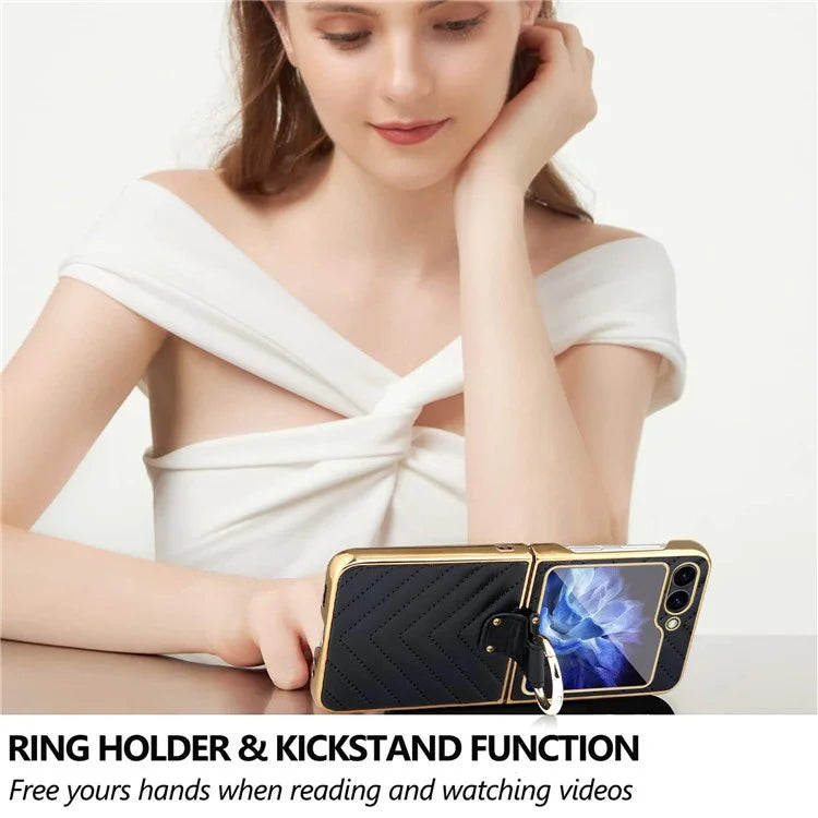 For Samsung Galaxy Z Flip6 5G Case V-Shape Pattern Kickstand PC Phone Cover