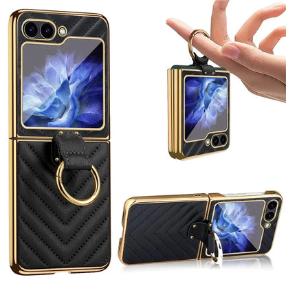 For Samsung Galaxy Z Flip6 5G Case V-Shape Pattern Kickstand PC Phone Cover