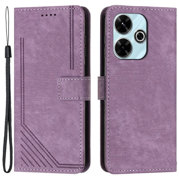 For Xiaomi Poco M6 4G / Redmi 13 5G / 13 4G / Note 13R 5G Case Lines Imprint Shockproof PU Leather Phone Shell