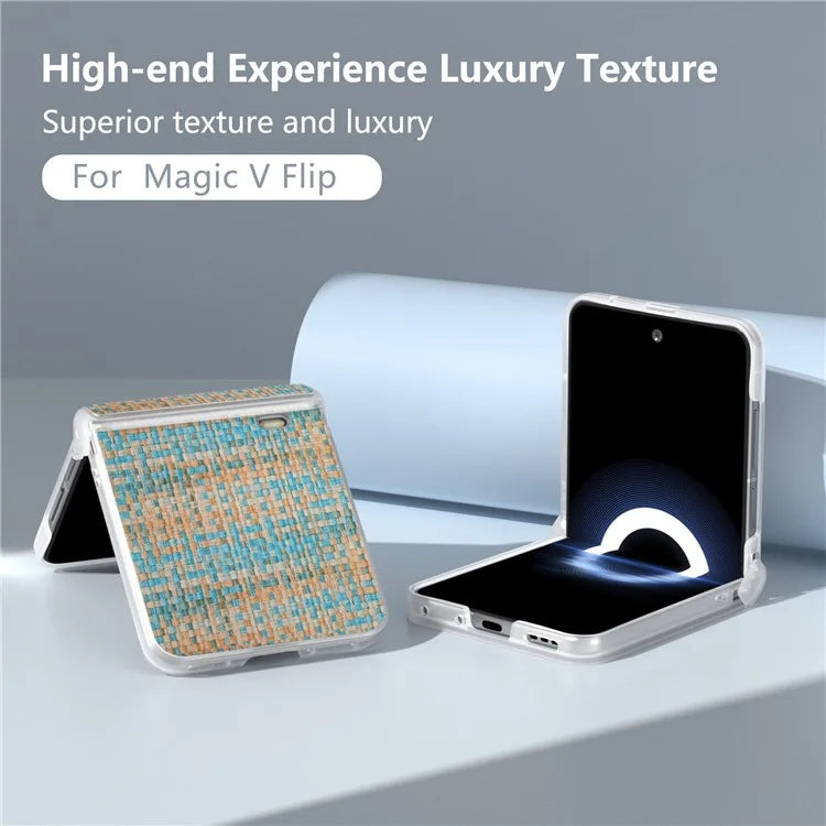 For Honor Magic V Flip 5G Case Matte Edge Plaid Texture Hinge Leather+PC Phone Cover