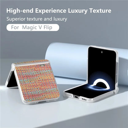 For Honor Magic V Flip 5G Case Matte Edge Plaid Texture Hinge Leather+PC Phone Cover