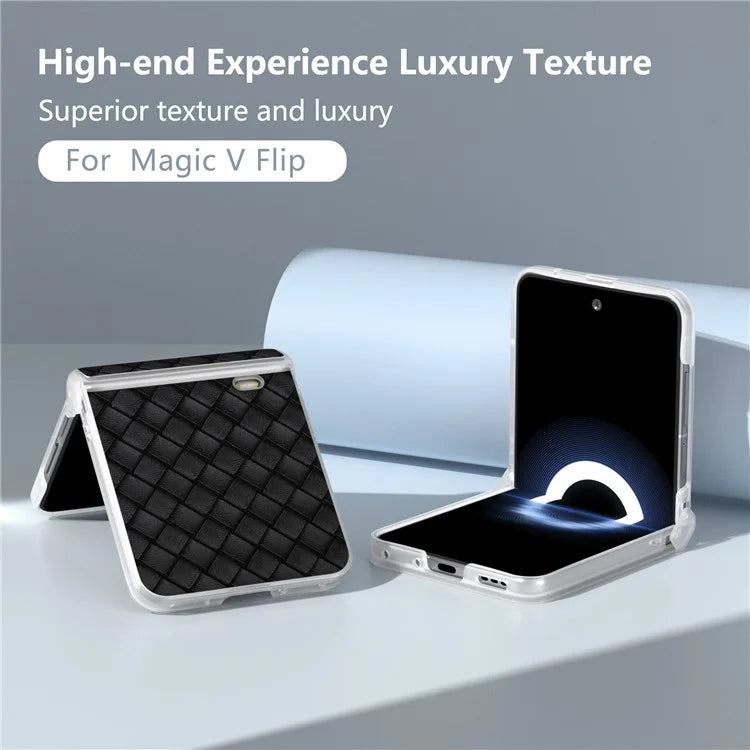 For Honor Magic V Flip 5G Case Woven Texture Leather+PC Hinge Phone Cover Matte Edge