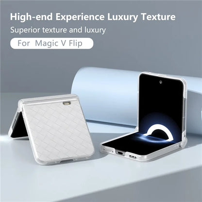 For Honor Magic V Flip 5G Case Woven Texture Leather+PC Hinge Phone Cover Matte Edge