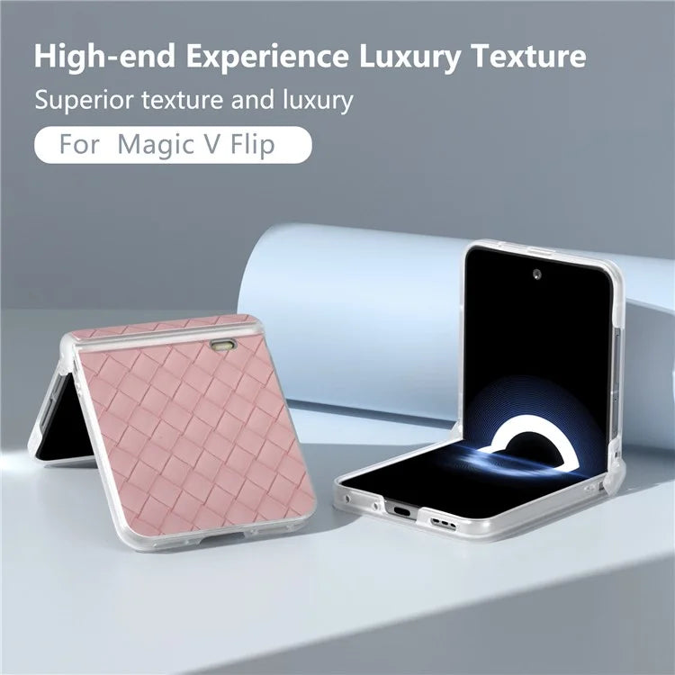 For Honor Magic V Flip 5G Case Woven Texture Leather+PC Hinge Phone Cover Matte Edge