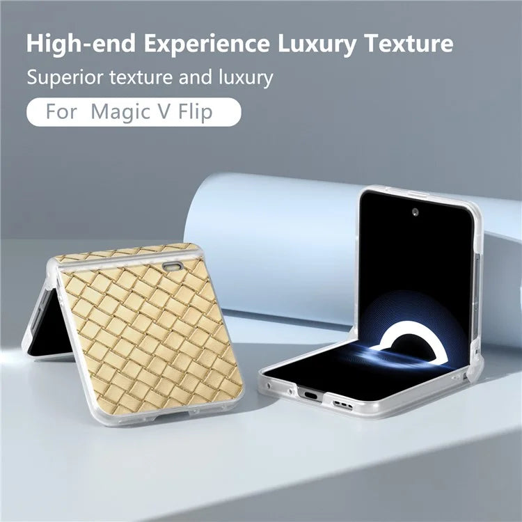 For Honor Magic V Flip 5G Case Woven Texture Leather+PC Hinge Phone Cover Matte Edge