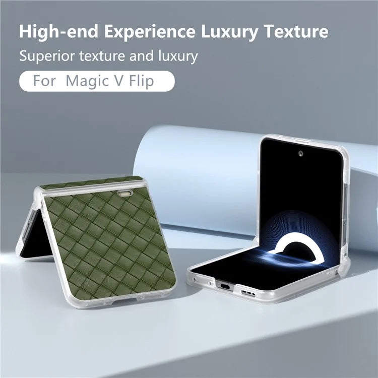 For Honor Magic V Flip 5G Case Woven Texture Leather+PC Hinge Phone Cover Matte Edge