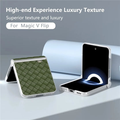 For Honor Magic V Flip 5G Case Woven Texture Leather+PC Hinge Phone Cover Matte Edge