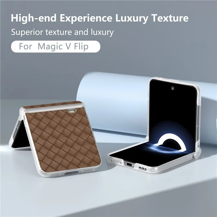 For Honor Magic V Flip 5G Case Woven Texture Leather+PC Hinge Phone Cover Matte Edge
