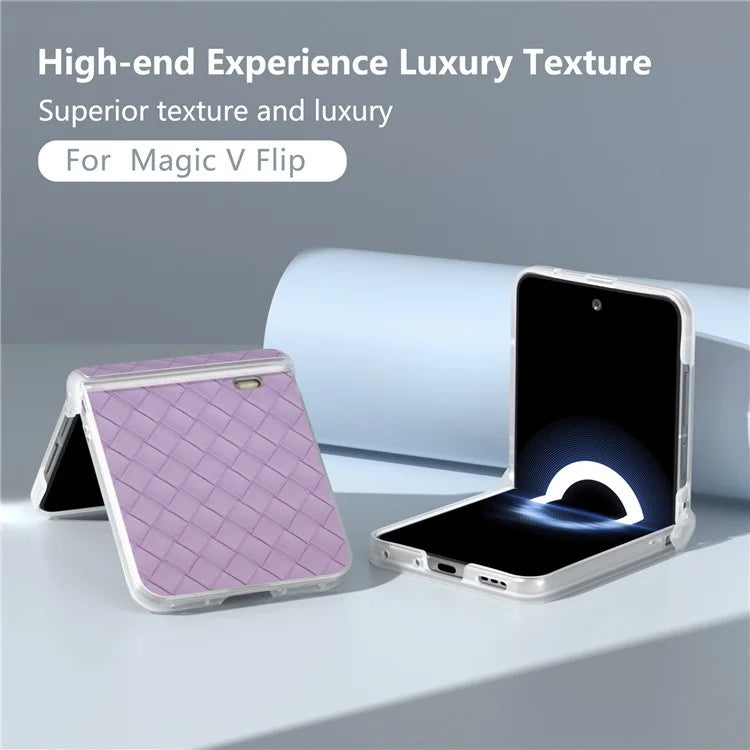 For Honor Magic V Flip 5G Case Woven Texture Leather+PC Hinge Phone Cover Matte Edge