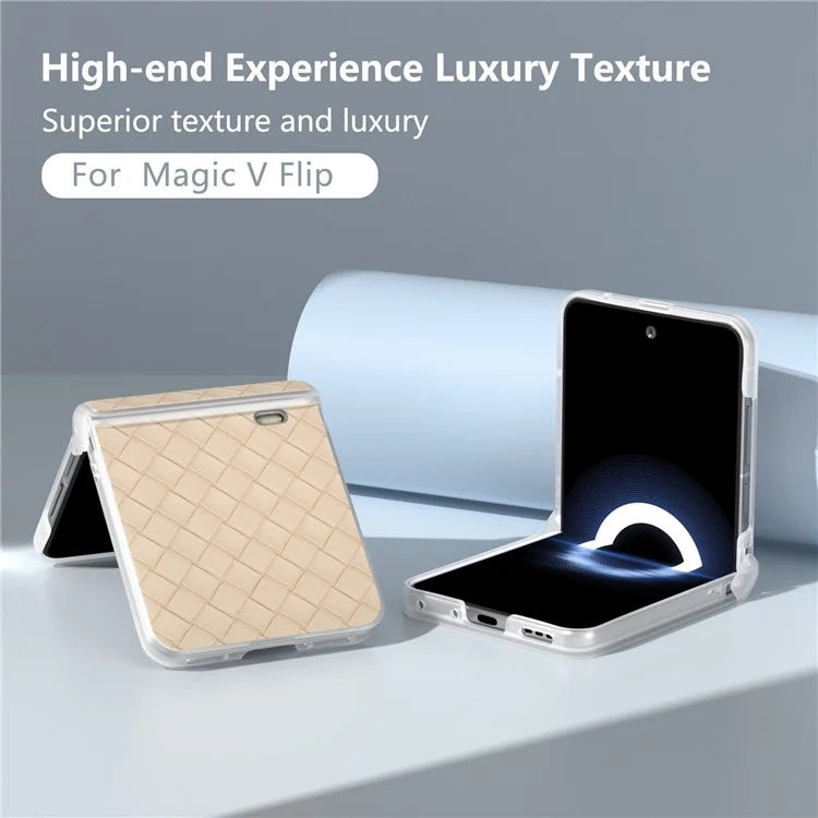 For Honor Magic V Flip 5G Case Woven Texture Leather+PC Hinge Phone Cover Matte Edge