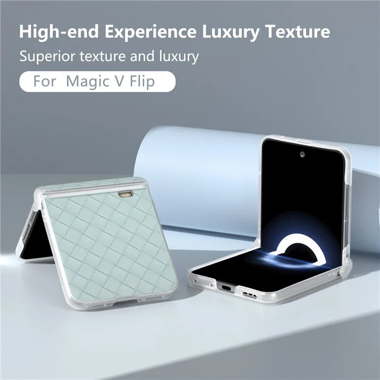 For Honor Magic V Flip 5G Case Woven Texture Leather+PC Hinge Phone Cover Matte Edge