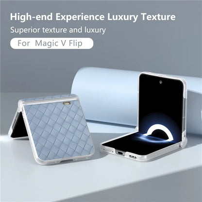For Honor Magic V Flip 5G Case Woven Texture Leather+PC Hinge Phone Cover Matte Edge