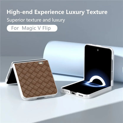 For Honor Magic V Flip 5G Case Woven Texture Matte Edge Leather+PC Phone Cover