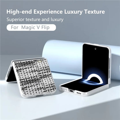 For Honor Magic V Flip 5G Case Plaid Texture Leather+PC Phone Cover with Matte Edge