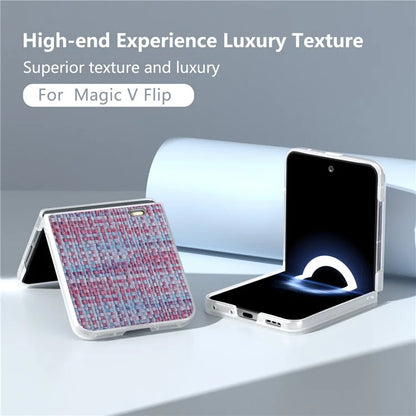 For Honor Magic V Flip 5G Case Plaid Texture Leather+PC Phone Cover with Matte Edge