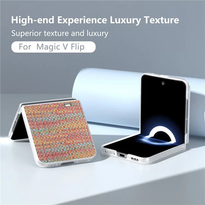 For Honor Magic V Flip 5G Case Plaid Texture Leather+PC Phone Cover with Matte Edge