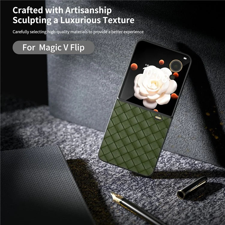 For Honor Magic V Flip 5G Case Woven Texture PU Leather+PC Protective Phone Cover