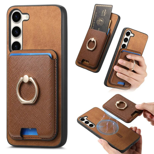 For Samsung Galaxy S23+ Magnetic Phone Case with Cross Texture Detachable Card Bag