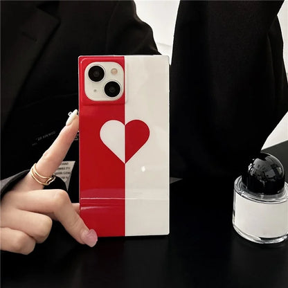 For iPhone 15 Case Glossy TPU Square Shape Love Heart Pattern Phone Cover