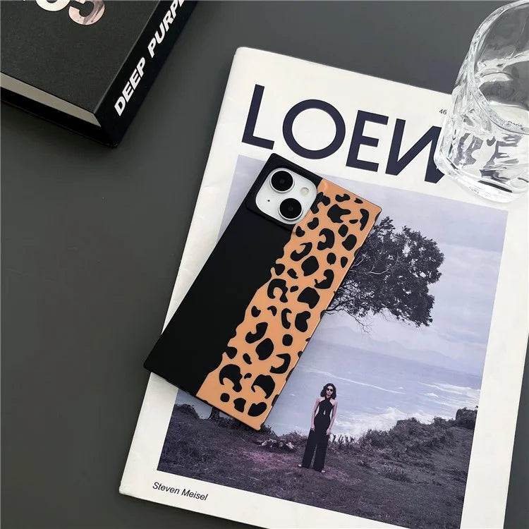For iPhone 14 Case Leopard Print Square Shape Matte TPU Shockproof Phone Cover