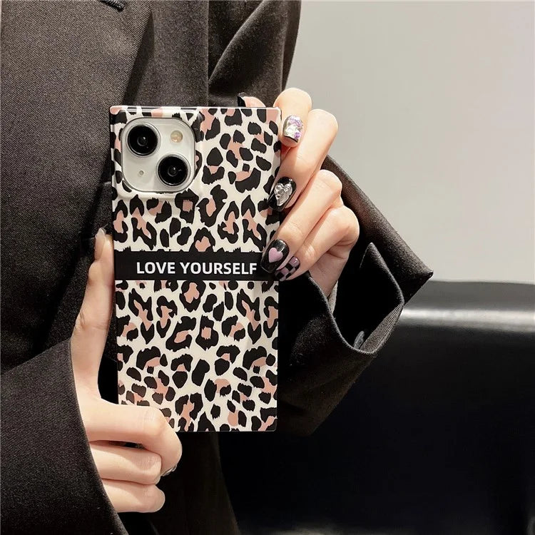 For iPhone 15 Case Leopard Print Square Shape Matte TPU Cell Phone Cover
