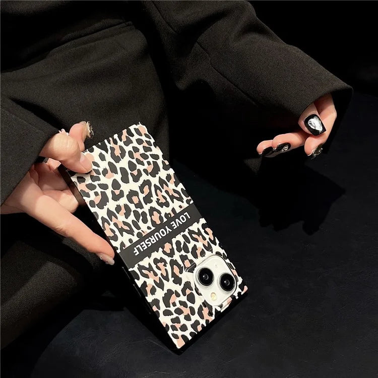 For iPhone 15 Case Leopard Print Square Shape Matte TPU Cell Phone Cover