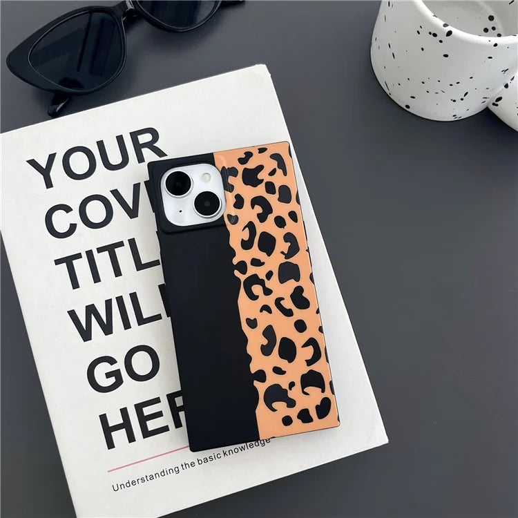 For iPhone 15 Case Leopard Print Square Shape Matte TPU Cell Phone Cover