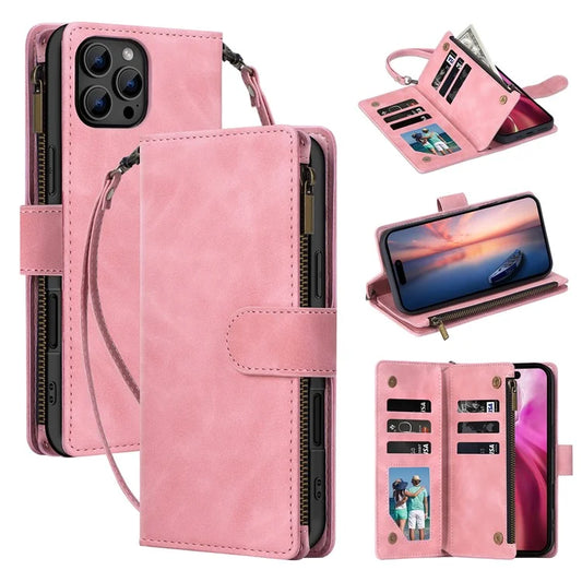 For iPhone 16 Pro Max Wallet Phone Stand Case Zipper Pocket PU Leather Phone Shell with Strap