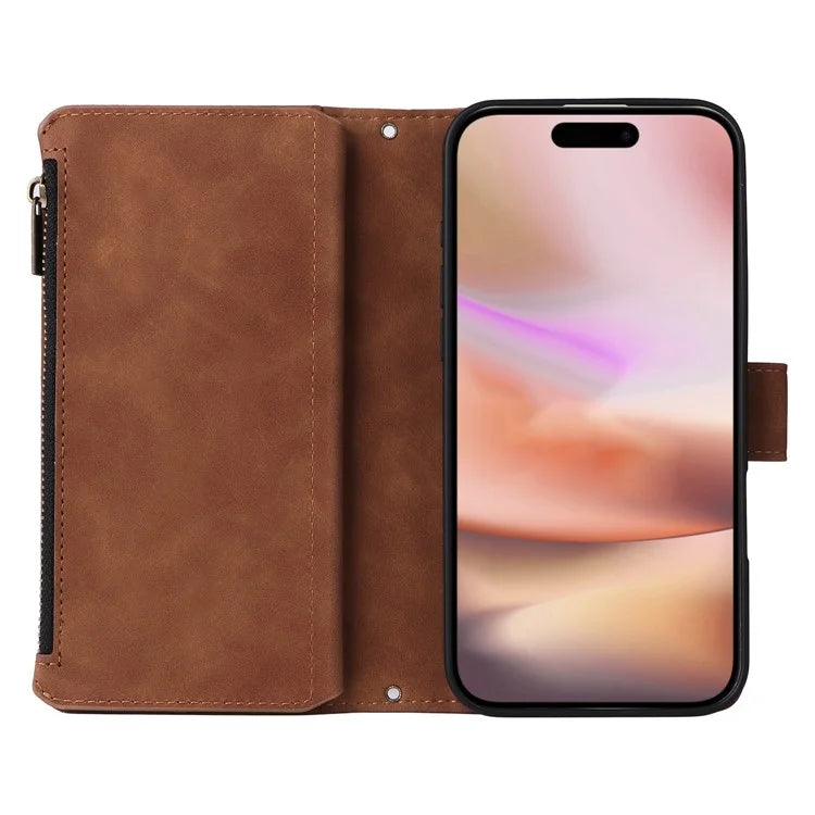 For iPhone 16 Plus Case Zipper Pocket PU Leather Wallet Phone Stand Cover with Strap