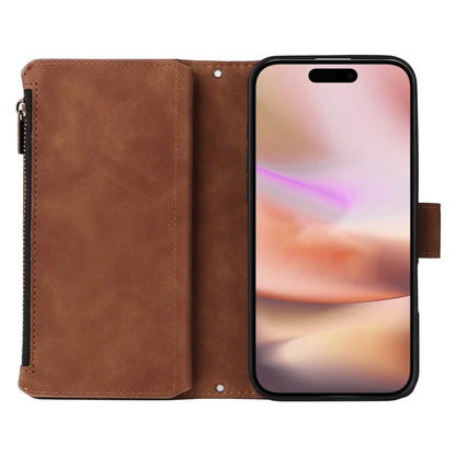 For iPhone 16 Plus Case Zipper Pocket PU Leather Wallet Phone Stand Cover with Strap