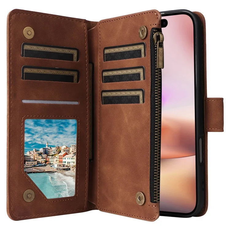 For iPhone 16 Plus Case Zipper Pocket PU Leather Wallet Phone Stand Cover with Strap