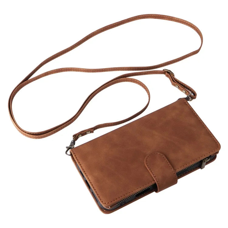For iPhone 16 Plus Case Zipper Pocket PU Leather Wallet Phone Stand Cover with Strap