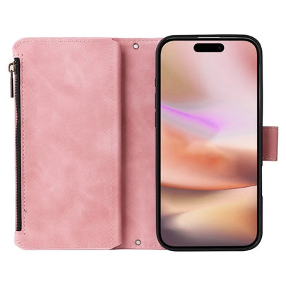 For iPhone 16 Plus Case Zipper Pocket PU Leather Wallet Phone Stand Cover with Strap