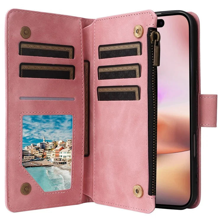 For iPhone 16 Plus Case Zipper Pocket PU Leather Wallet Phone Stand Cover with Strap