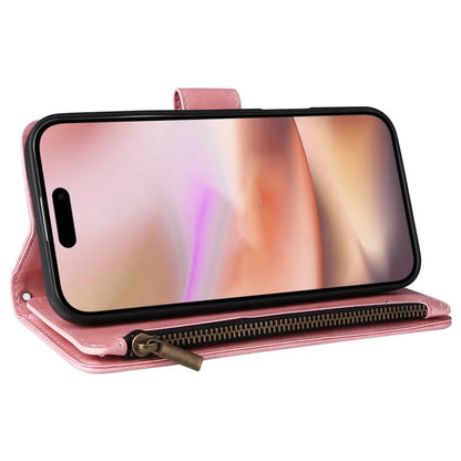 For iPhone 16 Plus Case Zipper Pocket PU Leather Wallet Phone Stand Cover with Strap