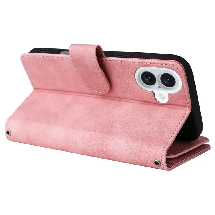 For iPhone 16 Plus Case Zipper Pocket PU Leather Wallet Phone Stand Cover with Strap