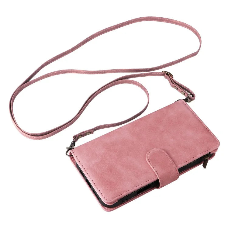 For iPhone 16 Plus Case Zipper Pocket PU Leather Wallet Phone Stand Cover with Strap