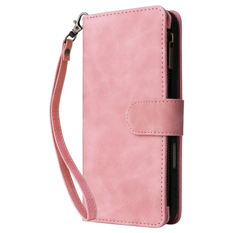 For iPhone 16 Plus Case Zipper Pocket PU Leather Wallet Phone Stand Cover with Strap