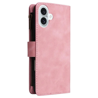 For iPhone 16 Plus Case Zipper Pocket PU Leather Wallet Phone Stand Cover with Strap