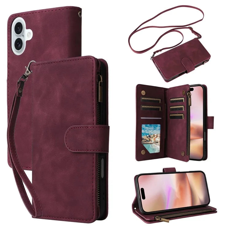 For iPhone 16 Plus Case Zipper Pocket PU Leather Wallet Phone Stand Cover with Strap