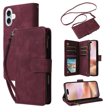 For iPhone 16 Plus Case Zipper Pocket PU Leather Wallet Phone Stand Cover with Strap