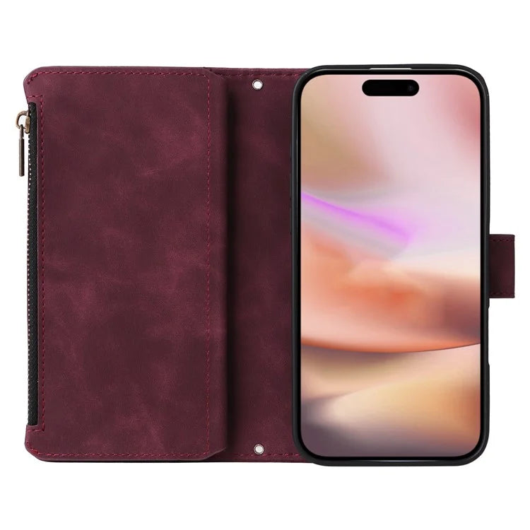 For iPhone 16 Plus Case Zipper Pocket PU Leather Wallet Phone Stand Cover with Strap