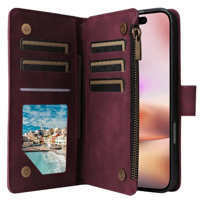 For iPhone 16 Plus Case Zipper Pocket PU Leather Wallet Phone Stand Cover with Strap