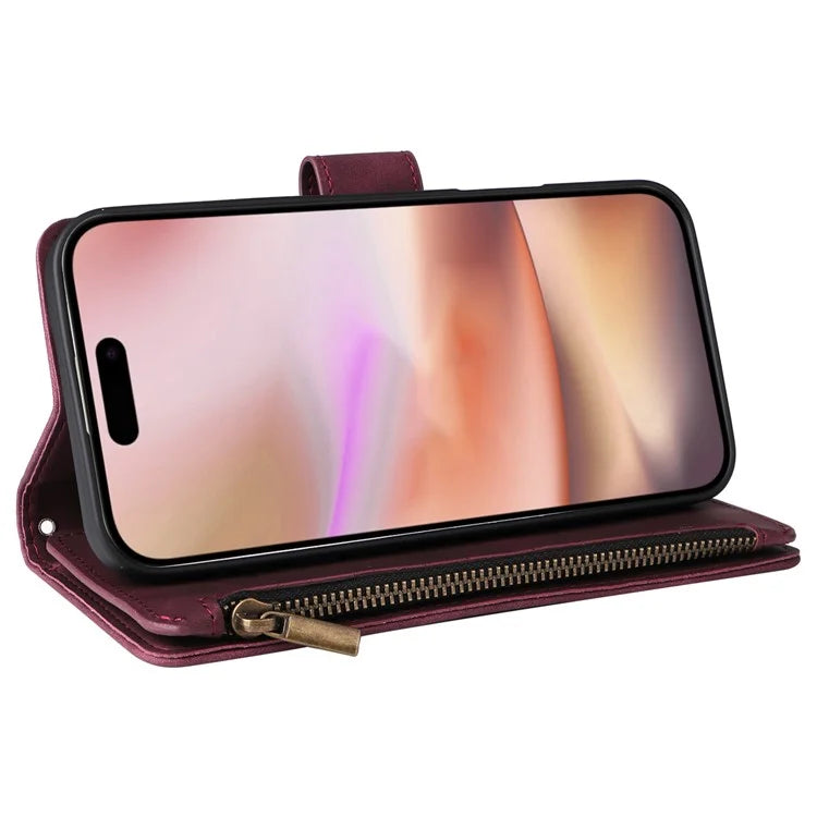 For iPhone 16 Plus Case Zipper Pocket PU Leather Wallet Phone Stand Cover with Strap