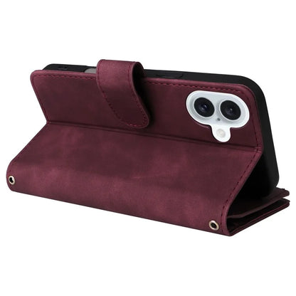 For iPhone 16 Plus Case Zipper Pocket PU Leather Wallet Phone Stand Cover with Strap