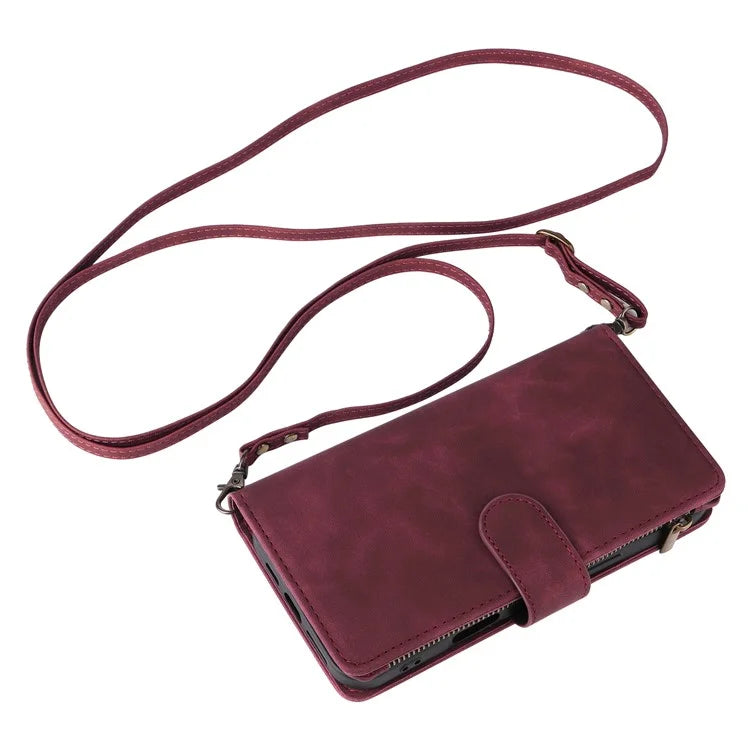 For iPhone 16 Plus Case Zipper Pocket PU Leather Wallet Phone Stand Cover with Strap