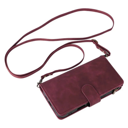 For iPhone 16 Plus Case Zipper Pocket PU Leather Wallet Phone Stand Cover with Strap