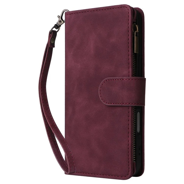 For iPhone 16 Plus Case Zipper Pocket PU Leather Wallet Phone Stand Cover with Strap