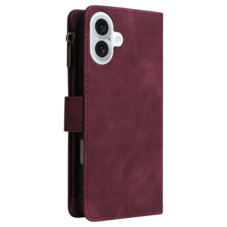 For iPhone 16 Plus Case Zipper Pocket PU Leather Wallet Phone Stand Cover with Strap